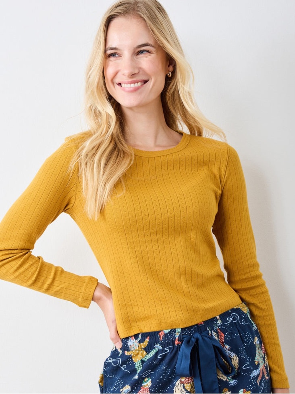 Printfresh Pointelle Long Sleeve Scalloped Hem Pajama Top Size M Goldenrod Gold